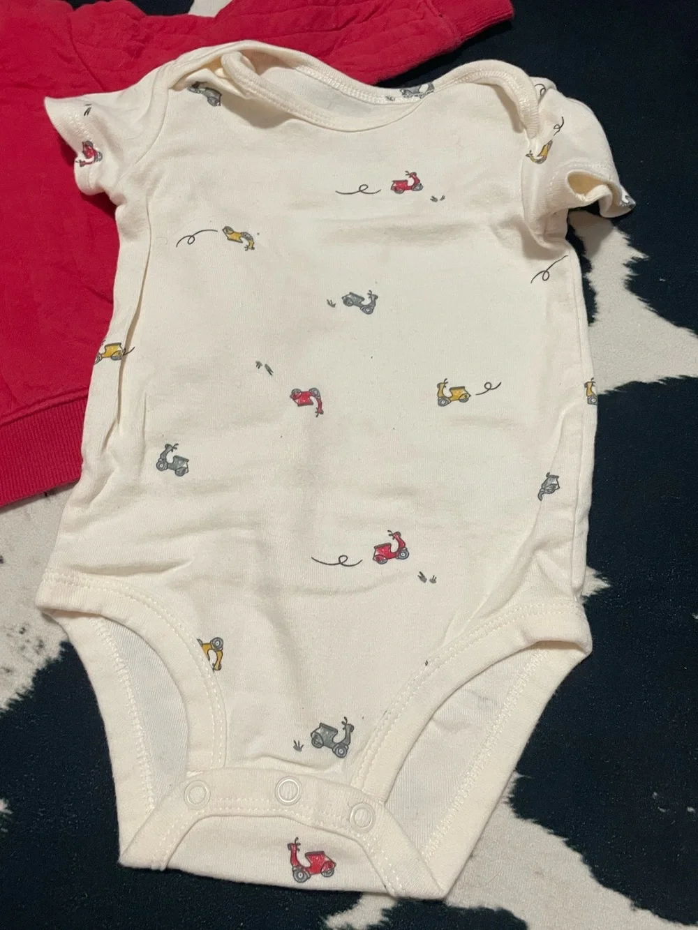 2/$12 Carters Red Sweatshirt Outfit with Scooter Onesie and Dark Denim Pants